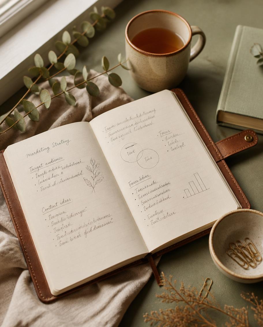 Notizbuch mit handschriftlichen Marketing-Notizen, Tee und Eukalyptus – ruhige Arbeitsatmosphäre